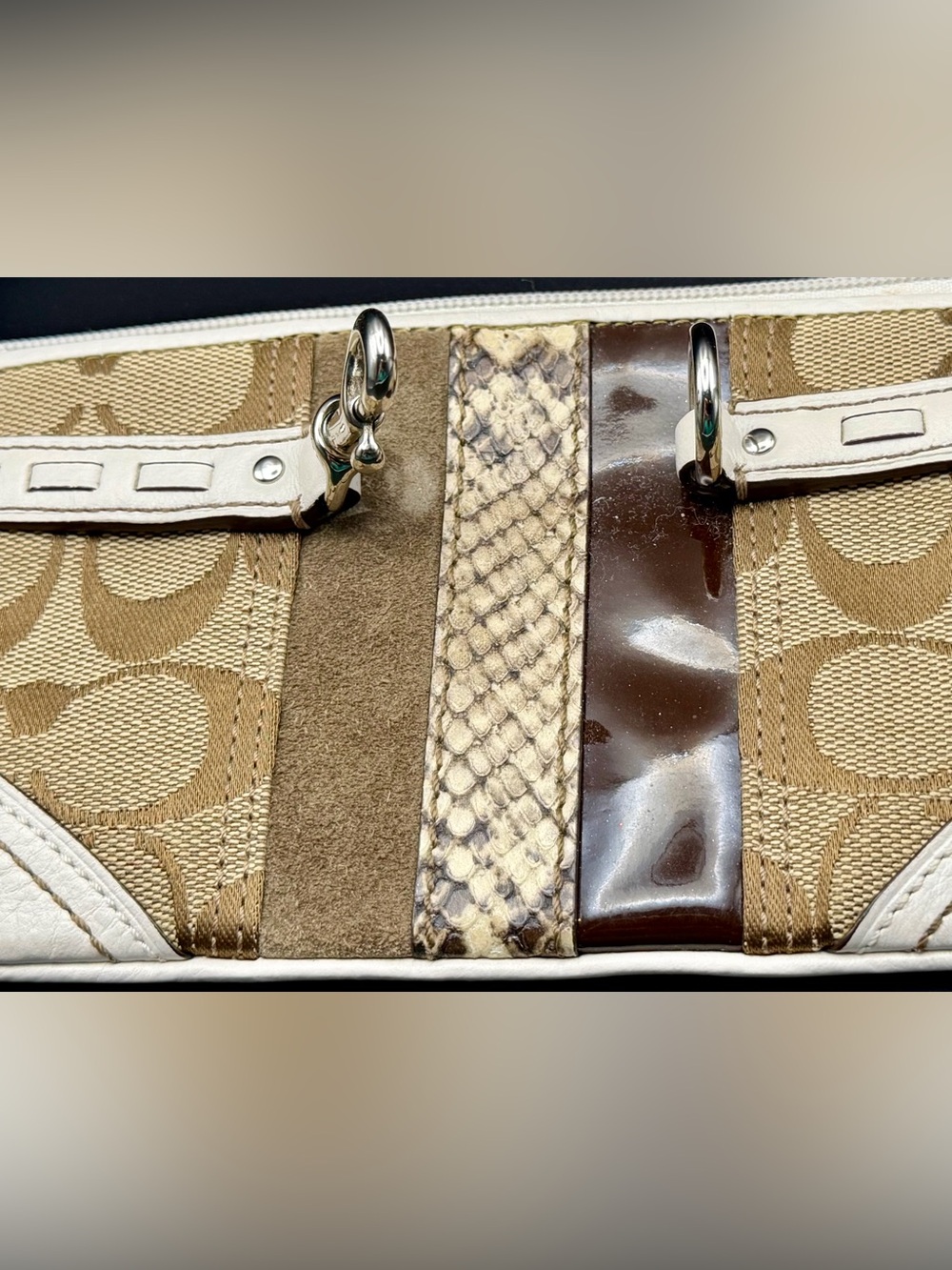 Coach Signature Patchwork Wristlet Clutch Y2K Khaki Cream Brown - Picture 9 of 10